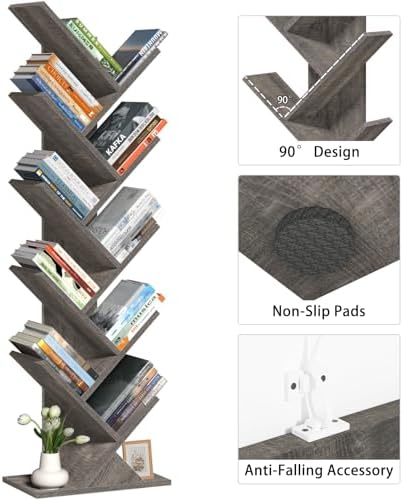 10 Tier Tree Book Shelf, Floor Standing Wood Bookshelf for Narrow Space