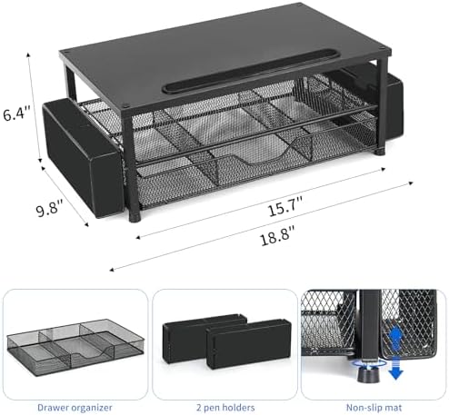 AUPSEN Wood Computer Monitor Stand Riser, 2-Tier Black Desk Organizer with Drawer, Pen Storage & Phone Holder ,Office De