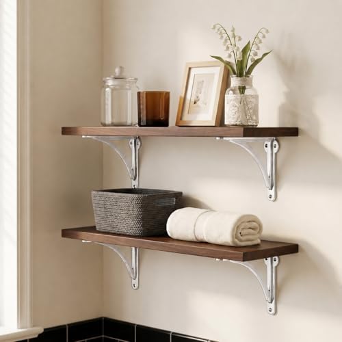 Khtumeware 100% Solid Brass Decorative Shelf Brackets, 7-inch Wall-Mounted Shelving Brackets, 2-Pack Polished Chrome Vin