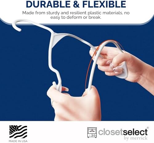 Closetselect Plastic Hangers 50 Pack, Strong Space Saving Notch Hanger, Made in USA, Perfect Shirt or Coat Plastic Hanger, with Shoulder Grooves, White, Notched