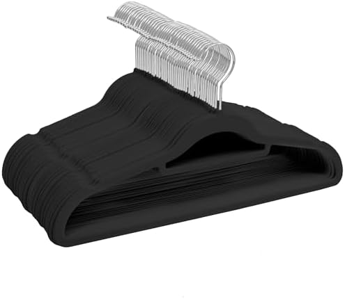 50 Pack Velvet Hangers | Non-Slip Velvet Clothing Hangers with Tie Organisers | Space Saving Hangers and 360° Swivel Hooks Wardrobe Storage Organiser, Black
