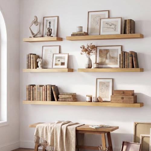8 inch Deep Floating Shelves for Wall, 72" Wide, Oak Finish, 2-Pack