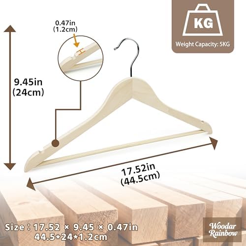 Premium Wooden Hangers 10 Pack, Solid Wood Hanger with Non Slip Pant Bar, Heavy Duty Wooden Coat Hanger, Smooth Finish Wood Clothes Hangers for Shirts, Suits, Jackets, Dress (Natural Unfinished)