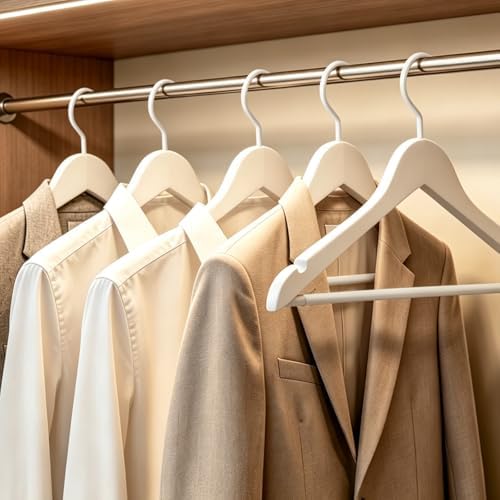 TOPIA HANGER All White Wooden Hangers, Solid Wood Suit Hangers with Extra Thick Hook and Non Slip Pants Bar, Heavy Duty Coat Hangers with Notches, Bridal Hangers for Shirts 16 Pack -CT01W