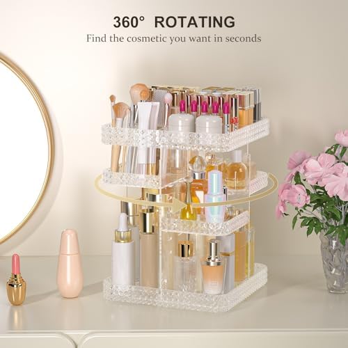 Rotating Makeup Organizer with Makeup Brush Holder,Large Capacity Perfume Organizer for Vanity Countertop,Acrylic Skinca