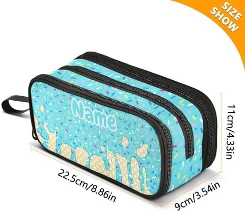 Custom Teal Blue Ice Cream Print Pencil Case Box Boys Girls Personalized Name Large Pencil Pouch Stationery Pen Bag Organizer for Kids Adults School Office