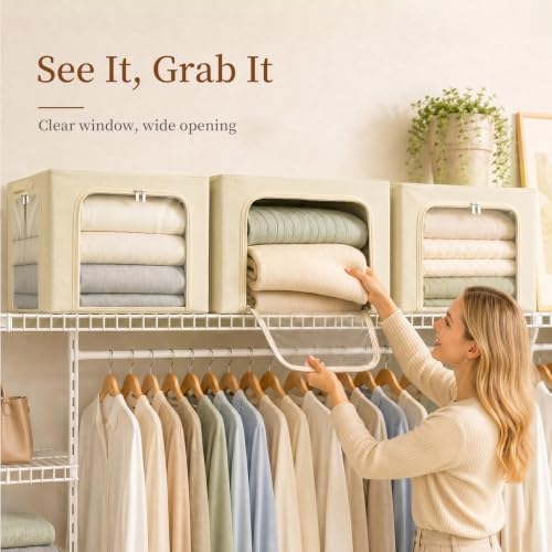 GoMaihe Clothes Storage Bins with Metal Frame for Closet, 40L 6-Pack Beige