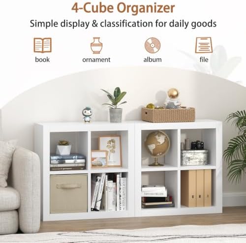 furtble Bookshelf with Storage Bin, 4-Cube Storage Organizer, Modern Wood Open Bookcase, Multifunctional Display Shelf f