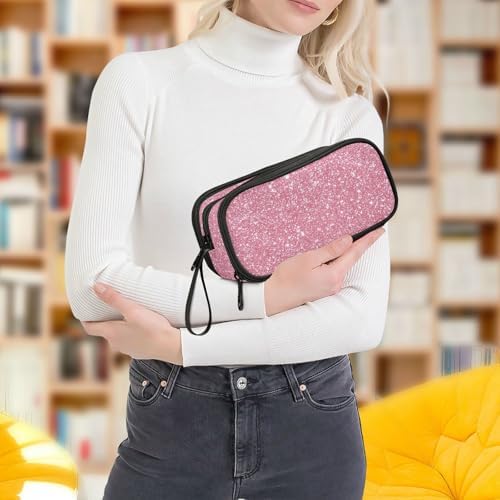 Wfrish Pencil Case Big Capacity for Girl Boy Rose Pink Glitter Sparkle Student Pencil bag Pen Pouch Large Stationery 3 Compartments Zippers Organizer School College Office Teens Adults