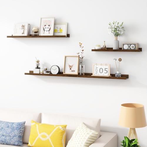 Acovy 24 inch Picture Ledge Shelf, Wood Floating Shelves Set of 4, Walnut