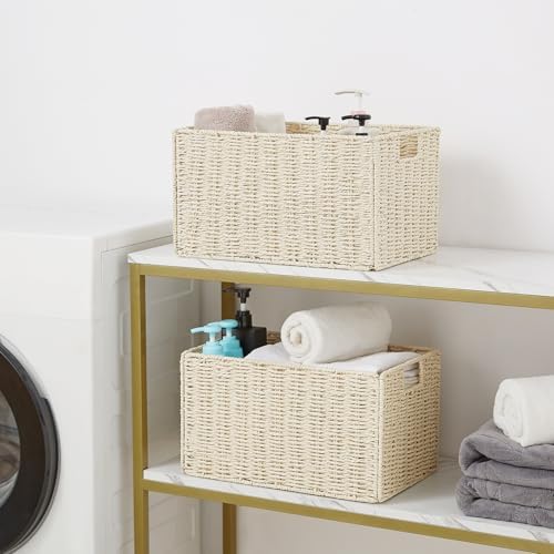 Vagusicc Wicker Storage Basket, Set of 2 Hand-Woven Paper Rope Wicker Basket, Small Storage Baskets for Organizing Toile