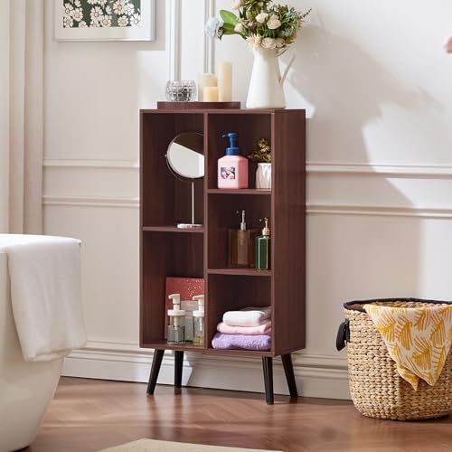 LEYAOYAO 5 Cube Bookshelf, Mid-Century Modern Book Shelf with Legs, Walnut