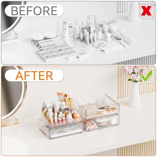 Yieach 5 Tier Clear Acrylic Makeup Organizers with Drawers,Tiered Countertop Make up Storage Organizer for Dresser Top a