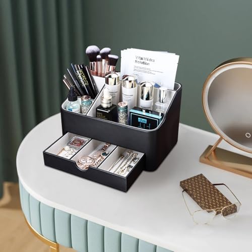 KINGFOM Leather Makeup Organizer with Drawer, Cosmetic Storage for Dresser Countertop and Bathroom Vanity, Beauty Holder