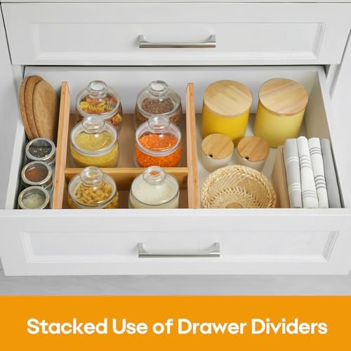 Bamboo Drawer Dividers Organizers, Kitchen Drawer Dividers for Clothes, Adjustable Drawers Separators for Dresser, Bedroom, Bathroom, Office, 4 Pack, 13“-17”
