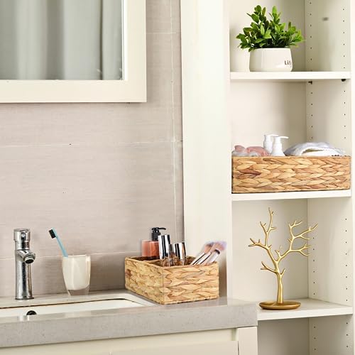 Vagusicc 2 Section Wicker Storage Basket, Set of 2 Hand-woven Water Hyacinth Storage Baskets, Toilet Tank Basket, Small