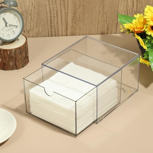 Rainmae Disposable Face Towel Holder, Face Towel Storage Box Bin, Stackable Clear Makeup Organizer with Drawer for Clean