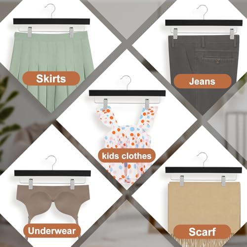 TOPIA HANGER Black Wood Pants Hangers, Wooden Skirt Short Jeans Trouser Hanger with Smooth Surface 360° Swivel Hook Anti Rust 2 Adjustable Clips, 20 Pack, CT10PB20