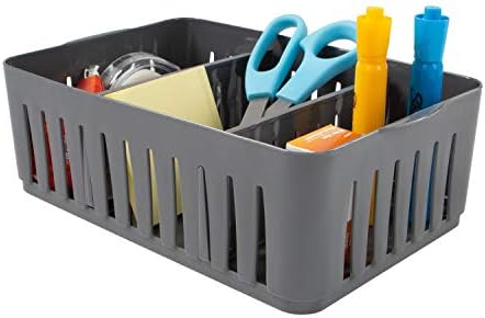 Simplify 3 Compartment Stackable Bin with Adjustable Dividers | Drawer Organizer | Storage Basket | Good for Office | Desk Supplies | Dorm | Bathroom | Accessories | Make Up | Grey