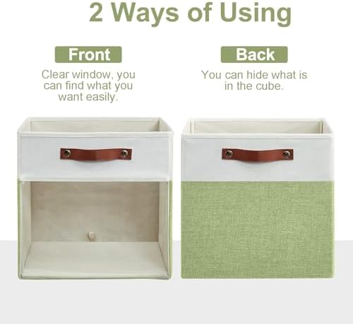 Bagnizer Storage Cubes, 4 Pack Linen Foldable Storage Bins (13 x 13 inch) with Clear Window and Handles, Fabric Organizer for Shelf Closet, Clothes, Books - (Green and White)