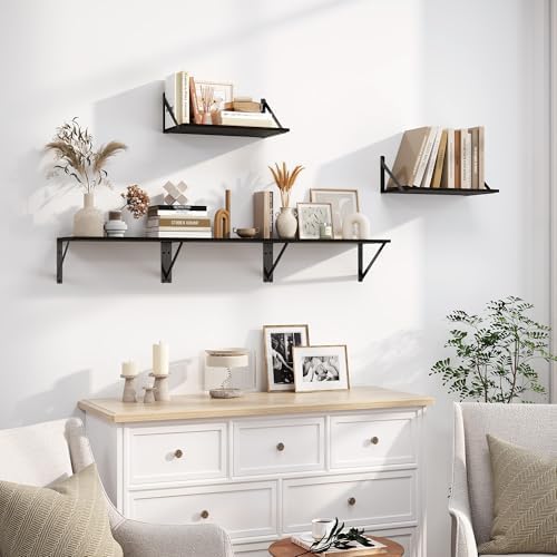 Heimlove Black Deep Floating Shelves for Wall, 16W x 8D Wood Wall Shelves Set of 2, Wide Floating Bookshelf for Living R