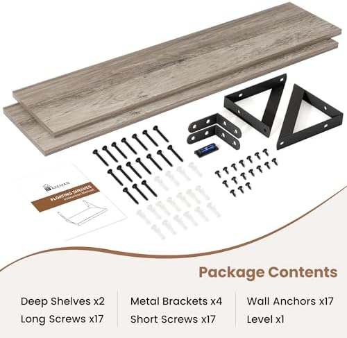 Axeman 55 Inch Floating Shelves, 8 Inch Deep Grey Wall Shelves Set of 2