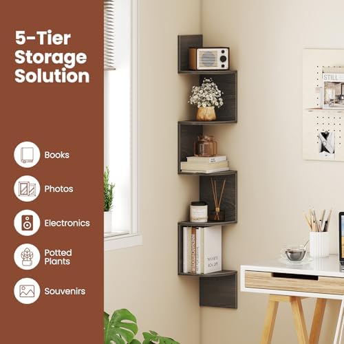 Giantex Corner Shelf Wall Mounted, 5-Tier Floating Corner Bookshelf, Home Storage Organizer, Wooden Display Stand Rack f