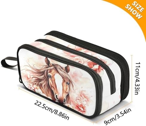 Brown Horse Watercolor Flower Pencil Case Box Boys Girls Large Pencil Pouch Zipper Compartments Big Capacity Stationery Pen Bag Organizer for Kids Teens Adults School Office