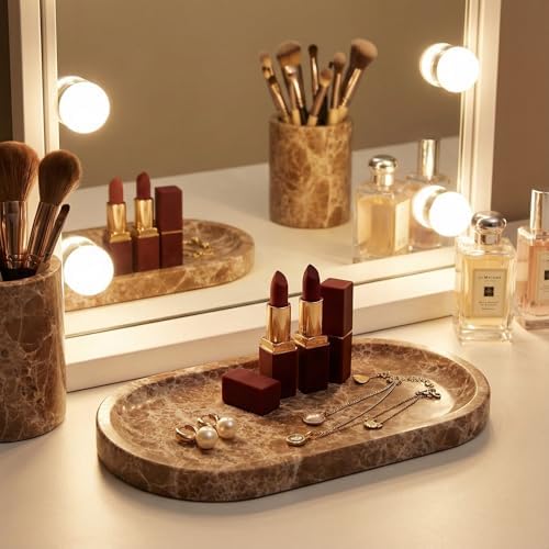 Light Emperador Marble Vanity Tray for Bathroom Counter, 10"x5" Decorative Tray for Perfume, Candles, Stone Jewelry Dish