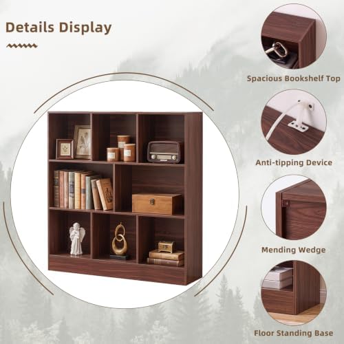 YAHARBO 3 Tier 8 Cube Horizontal Bookshelf,Low Bookcase with Sleves,Walnut