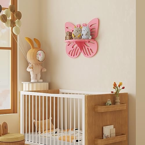 Pink Butterfly Shaped Floating Shelf for Girl’s Room, Cute Wall Display Rack for Nursery Decor, Small Decorative Shelf W