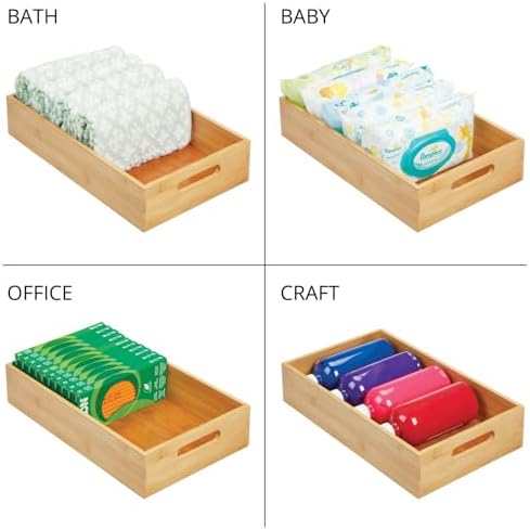 mDesign Wide Bamboo Office Desk Drawer Organizer Tray Bin with Handles - Organizer for School Supplies, Pens, Pencils, Notepads, Staplers, Envelopes - Echo Collection, 2 Pack, Natural Wood Finish