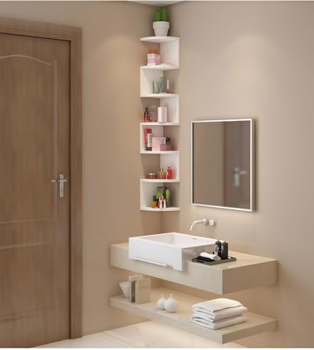 No-Drill Corner Shelf Wall Mount, 7-Tier Thickened 12mm Floating Bookshelf with Hooks, Space-Saving Zigzag Plant Shelf f