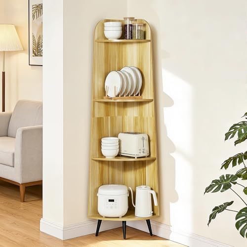 VECELO 4-Tier Curved Corner Shelf, 66.93" Tall, Natuarl Wood