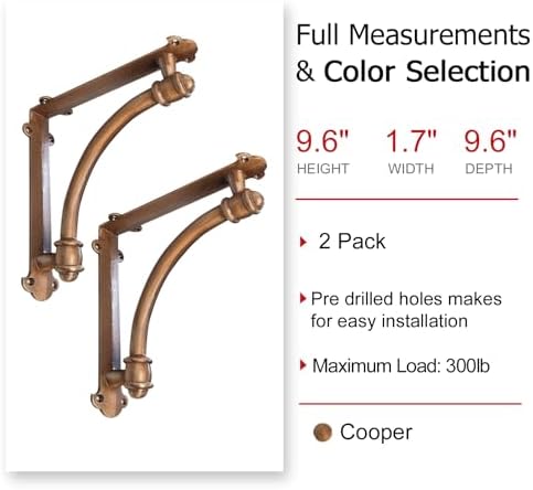 NACH Decorative Shelf Brackets, 2 Pack of 9.6 x 1.7 x 9.6 inch Copper Cast Iron Shelf Brackets - Decorative Brackets for