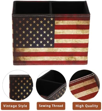 Patriotic Pen Holder, American Flag Desk Organizer, USA Flag Pencil Holder Office Home Accessories, PU Leather Retro Vintage Cool Supplies Patriotic Decor
