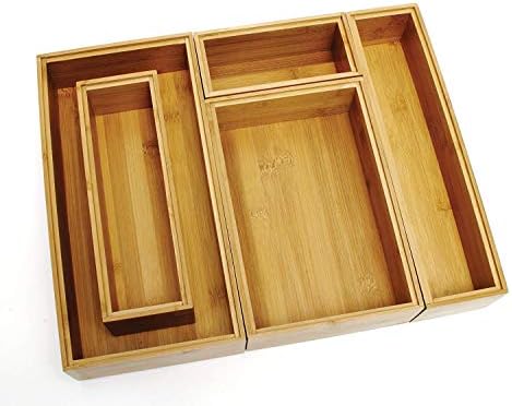 Lipper International 88005 Bamboo Wood Drawer Organizer Boxes, Assorted Sizes, 5-Piece Set