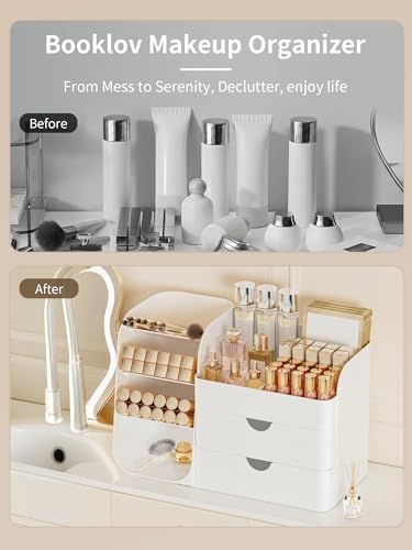 Booklov Small Makeup Organizer for Vanity Countertop, White