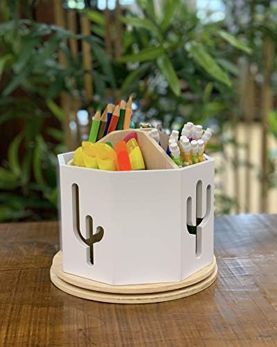 Spinning Desktop Stationary Organizer – Decorative Wooden Rotating Pen and Pencil Cup – Desk and Table Top Office Supplies Station - by Designstyles (White with Cactus Cutout)