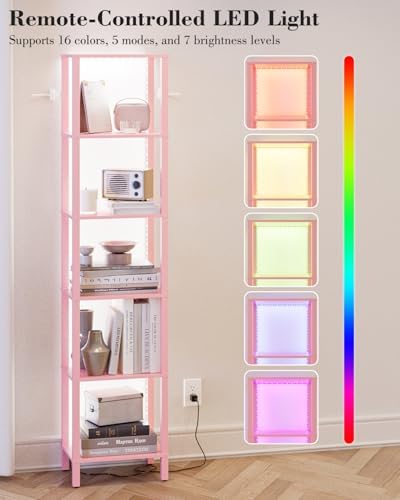 Open Book Shelf with LED Lights, 6 Tier Tall Bookshelf, Freestanding Shelf Narrow Bookcase with Open Shelves, 14.57" x 1