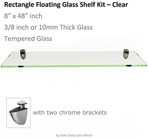 Fab Glass and Mirror 8 X 48 Inch Rectangle Floating Clear Tempered Kit Glass Shelf, 8" X 48",