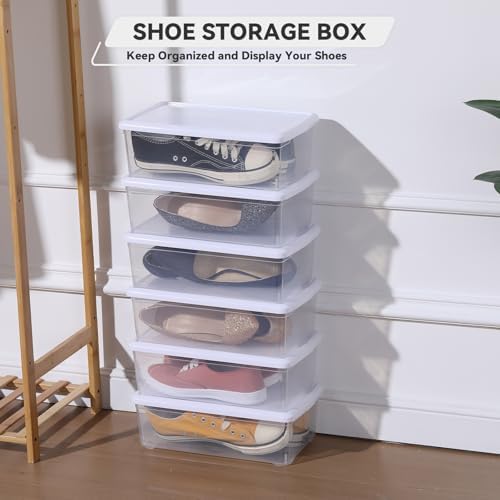 novelinks 12 Pack 6QT Plastic Storage Bins with Lids, Shoe Boxes (White)