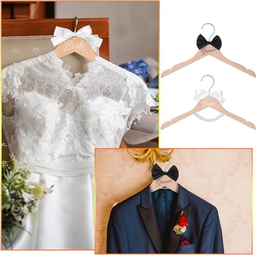 Beeveer 2 Pcs Bride Groom Wooden Hangers Bow Tie Wedding Gift,Vivid