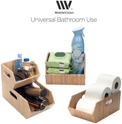 MobileVision Bamboo Storage Bins for Pantry & Kitchen Cabinet Organizer Multi-Purpose 2 PC Stackable Set for Canned Good