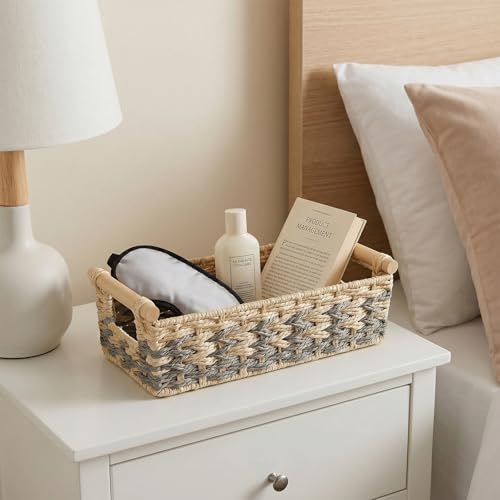 JJSQ Storage Baskets for Organizing with Handles Paper Rope Woven Storage Basket for Shelves Decorative Storage Bins for
