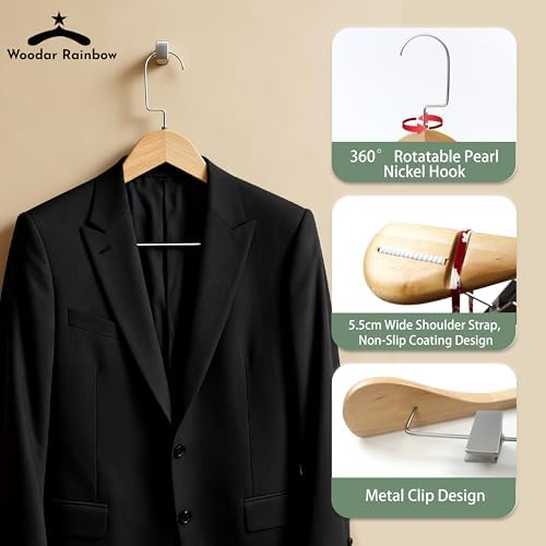 Luxury Wide Shoulder Wooden Coat Hangers with Pants Bar, Clips, Solid Wood Jacket Clothes Hangers Smooth Finish for Sweater Suit Dress Pants Sport Coats (Natural, 6 Pack)