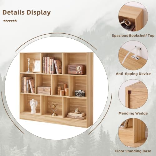 YAHARBO 3 Tier 10 Cube Long Horizontal Bookshelf,Under Window Shelf,Natural