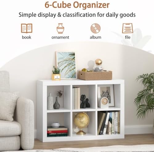 furtble Bookshelf with Storage Bin, 6-Cube Storage Organizer, Modern Wood Open Bookcase, Multifunctional Display Cubicle