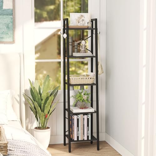 YMYNY 5 Tiers Ladder Bookcase, Industrial Narrow Bookshelf, Open Display Rack with 4 S Hooks, Metal Storage Shelves for
