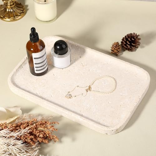 Karibiber Natural Marble Vanity Tray, 11.8" Marble/Stone Bathroom Tray Countertop, Beige Tray for Decor, Perfume Jewelry